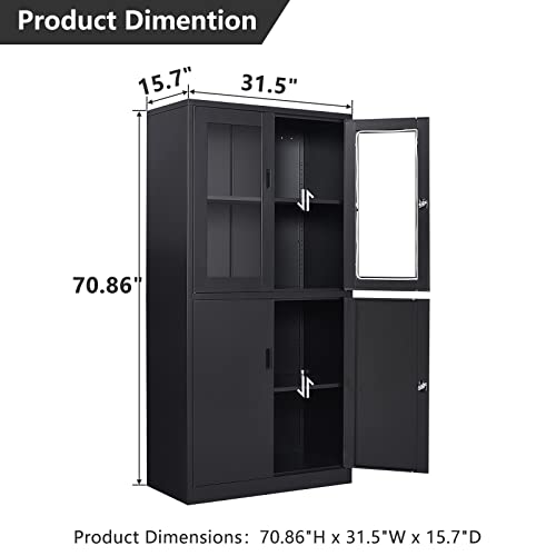 Lissimo Metal Storage Cabinet With Glass Doors, Lockable Office Cabinet, 71" Tall Steel Cabinet With Adjustable Shelves For Home Office,School And Hospital (Black) #TOP2