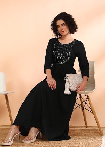Image of Maaesa Women Embroidered Cotton Flared Dress