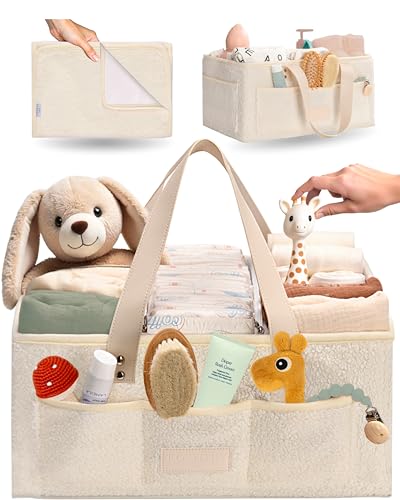 Image of Toodly Baby Diaper Caddy Organizer with Portable Changing Mat - Teddy Fleece Diaper Organizer for Changing Table - Basket for Changing Essentials - Baby Essentials Organizer with Removable Dividers