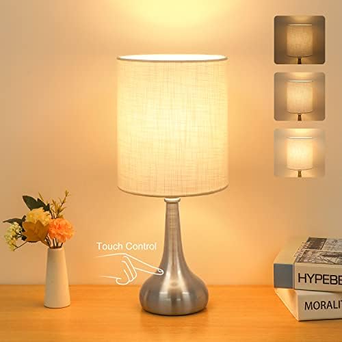 Boncoo Touch Control Table Lamp 3 Way Dimmable Simple Night Light Lamp with White Lampshade Silver Metal Base, Small Bedside Table Lamp for Bedroom, Office, Dorm, A19 6W 2700K Bulb Included