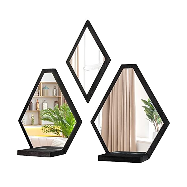 JACKCUBE Design Wall Mount Decorative Mirrors- Set of 3, Geometric Rustic Wood Real Mirror with Shelf for Bedroom, Bathroom, Living Room, Kitchen Wall Art Décor- MK689A