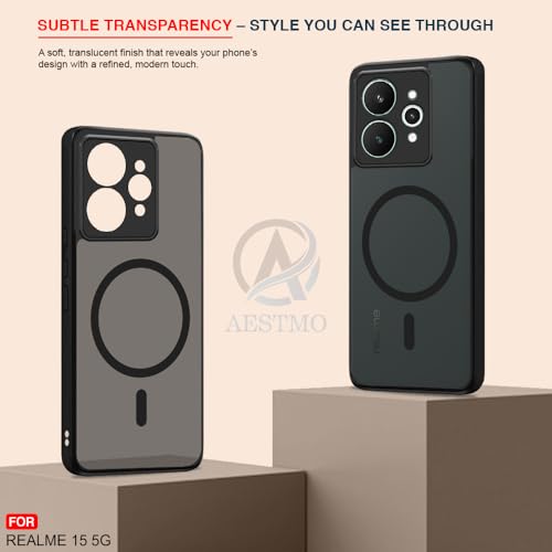 Image of AESTMO Realme 15 5G Back Cover | 360 Protection | Matte Frosted Hard Back Translucent | Compatible with MagSafe Accessories (MagSafe Matte Hard Black Bumber)
