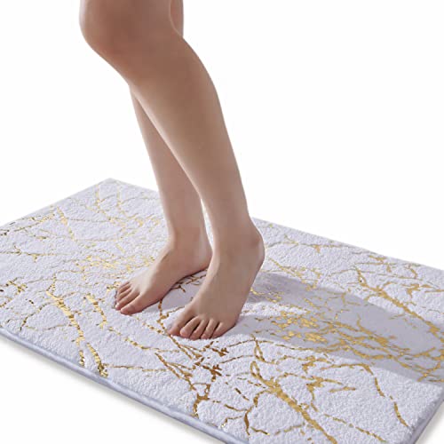 QJHOMO Badematte rutschfest waschbar Badvorleger, weiss Badezimmerteppich, gold dekorativer Teppich luxus Bad Accessoires, weich Mikrofaser saugstark Badteppich für Badezimmer Badewanne, 60 x 90 cm