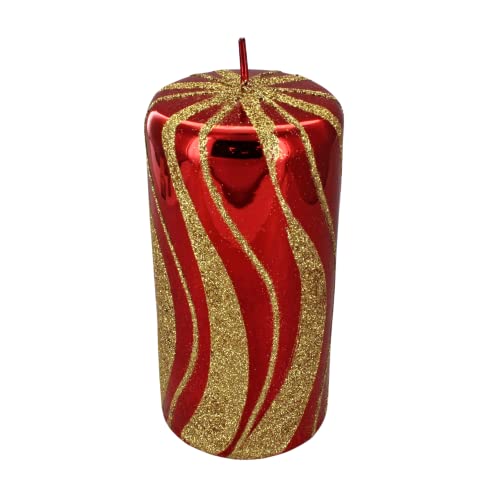 Red and Gold Spiral Glitter Glass Effect Reflecting Gloss Ball Pillar Candles: Festive and Glamorous Decorative Candles for Home Decor, Parties, and Special Occasions (Large Pillar)