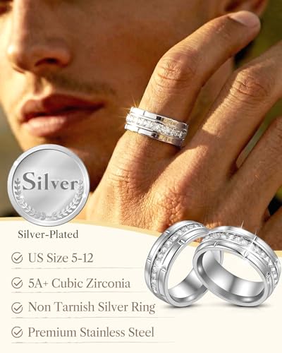 Image of 8mm Mens Gold Wedding Band with Cubic Zirconia Silver Eternity Ring CZ Inlaid 18K Gold Plated Stainless Steel Rings for Men, Rings Size 5-12