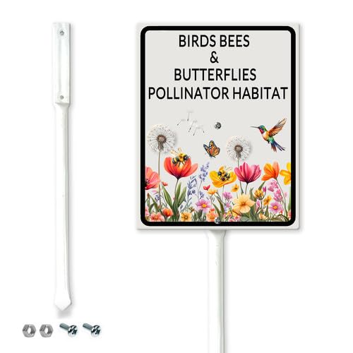 Horienteeon Birds Bees Butterflies Pollinator Habitat Yard Sign with Stakes 11.5x15cm Weatherproof Heavy Duty Aluminum Yard Signs Rust Free Garden Decoration for Outdoor Lawn, Easy to Mount