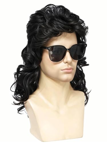 Image of Men's 70s 80s Rock Mullet Wig, Black Wavy Mullet Wig with Sunglasses & Comb for Halloween Costume Party (Black)