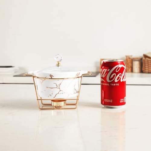 jinsongdafa 4.9 Inch Ceramic Mini Casserole Dish with Glass Lid and rack, 13.5 Oz Serving Soup Tureen, Chafing Dish for Individual Portion, Chocolate fondue, Fondue Pots Sets for Party Bakery Desserts - Thumbnail 2