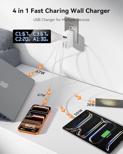 Image of SUPERONE 67W Retractable Wall Charger with 3.3ft Nylon Braided USB C & Apple Cables, 4-in-1 GaN Smart Display MacBook Charger, Fast Charging Block for iPhone 17 /16 /15 /14, Laptop, iPad, Pixel, Galaxy
