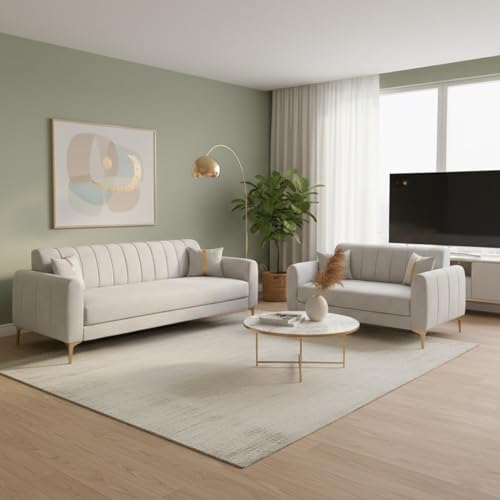 Image of Hermione Luxe Velvet-Suede Fabric 3 Seater + 2 Seater Sofa Set | Golden Legs | Comfortable & Spacious Seating | Modern Sofa Set for Living Room - Light Gray