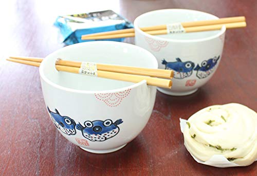 ??????? 2 Porcelain Ceramic Bowls W Chopsticks Holder Japanese Puff Fish For Soup Noodle Porridge Menudo Ramen Udon Pasta Cereal Ice Cream Pho Rice Instant Noodle ~ F15694 #TOP4