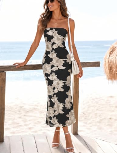Poulax Women's Floral Strapless Maxi Dress 2026 Summer Mesh Tube Bodycon Cocktail Wedding Guest Formal Long Dresses Black XL — view 3