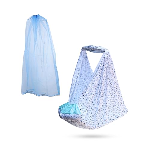 Image of beetot New Born Baby Swing Cradle (Jhula) Cradle Cloth, Removable Mattress Bed & Mosquito Net (No Any Hanger Or Spring| Weight Capacity up to 20kg | Age from 0-12 Months | Cradle (Floral Blue) Cotton