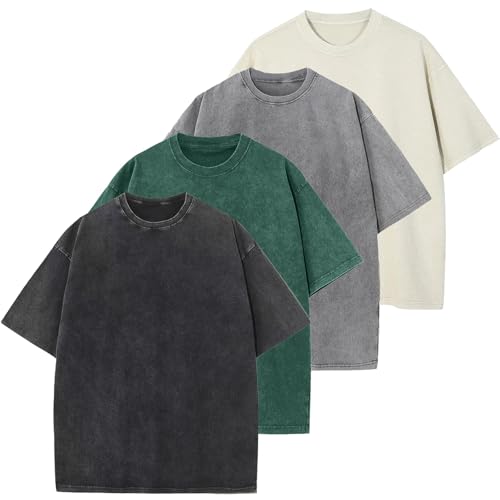 Image of Men's Oversized Cotton T-Shirts Loose Fit Vintage Washed Tee Unisex Short Sleeve Casual Shirts Tops