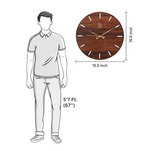 Image of Engineered Wood Round Shape Wall Clock with Metallic Hands & Silent Quartz Movement | Wooden Anti Reflection Analog Vintage Clock for Living Room Home and Office (Brown, 15 Inch)