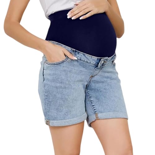 Short de maternité jean extensible femme enceinte avec bande ventrale tenue décontractée