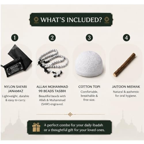 Image of Complete Ibadah Combo Pack, Islamic Gift Set with Nylone Safri Janamaz, 99 Beads Allah Mohammad Tasbih, Cotton Topi and Jaitoon Miswak