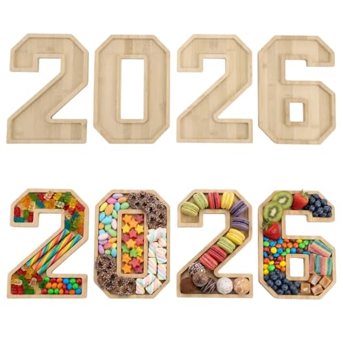2026 Wooden Graduation Number Charcuterie Board Box Set, 4 Pcs Living Room Snack Candy Dishes, 11.0 x 7.9 in Fillable Food Tray for Parties, Events, Unique Centerpiece