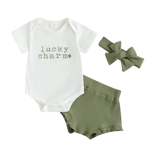 Bowanadacles Newborn Baby Girl St. Patrick's Day Clothes Outfit Four Leaf Clover Short Sleeve Romper Bottom Headband Set (Green, 12-18 Months)