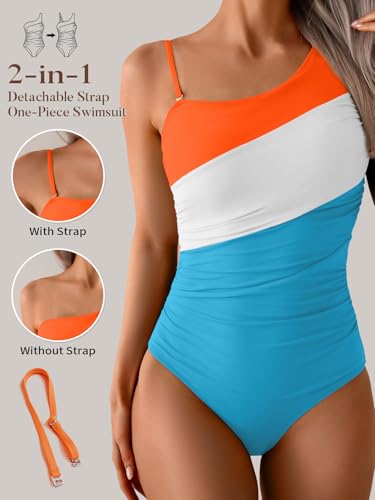 Image of Aidonger One Shoulder One Piece Swimsuit for Women Tummy Control Bathing Suits Color Block Ruched Swim Suit Slimming Swimwear