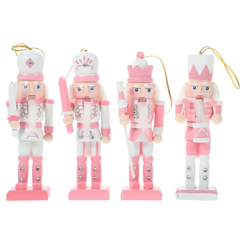 Tofficu 4Pcs Pink Christmas Nutcracker: Nutcracker Christmas Decor, Wooden Nutcracker Hanging Decorations Set, 4.7 inch King Soldier Nutcracker for Christmas Tree Hanging Figure Decoration Xmas Party