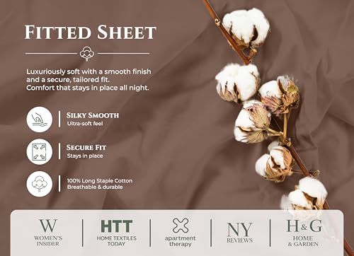 Image of Royale Linens 100% Organic Cotton Full Fitted Sheet Only - Percale Weave - Super Soft Deep Pocket Bottom Sheets - Chocolate Elastic Sheet - Full Size Fitted Sheets Only - (54 inchx75 inch+15 inch, Chocolate)