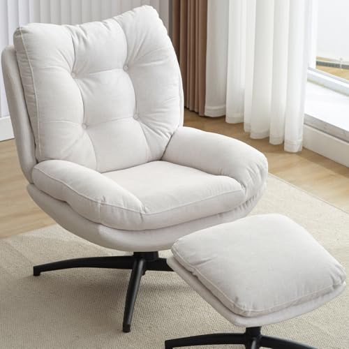 Swivel Accent Chair with Ottoman Set, TV Lounge Chair with 360 Degree Swiveling,Tilting for Living Room, Chenille Comfy Reading Chair with 23" High Back for Bedroom,Modern Armchair with Footrest,White