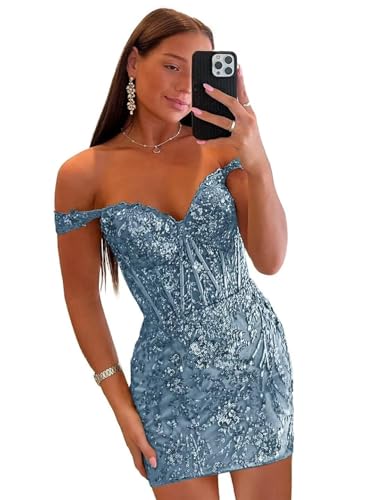 Sparkly Sequin Short Homecoming Dresses for Teens Off The Shoulder Tight Prom Cocktail Party Gown4