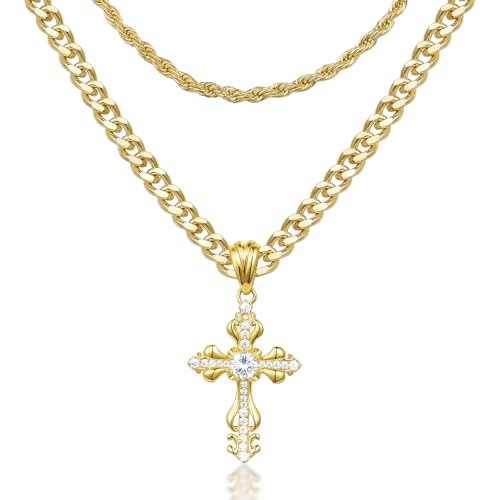 KissYan Layered Cross Necklace for Women, 14K Gold Plated Cubic Zirconia Pendant Necklaces Cross Faith Necklaces, Gold Cross Choker Trendy Jewelry Gifts for Women