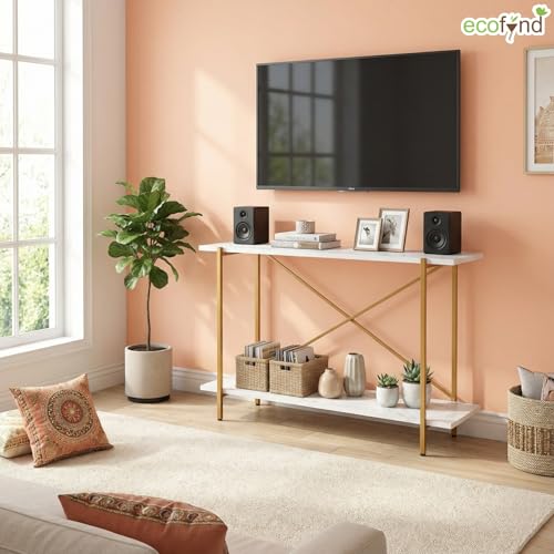 Image of ecofynd Elix 47 Inch Console Table, Metal with Engineered Wooden top Long Narrow Hallway, Entryway, Living Room, Dining Room, Office, Home Side Table Storage Shelves, 47 inchX 9 inchX 28 inch White and Gold