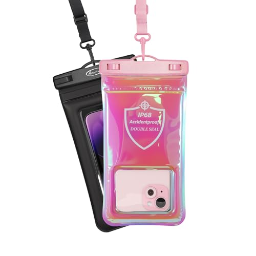 AiRunTech Waterproof Phone Pouch,Double Seal Floating Phone Case for Swimming Kayak Paddle Board,Protector iPhone 17 16 15 14 13, River Lake Canoe Boating Beach Accessories(Iridescent Pink+Black)
