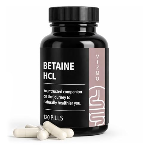 Betain HCL 650mg, 120 Kapseln – Premium Verdauungsenzym-Nahrungsergänzung – Unterstützt gesunde Verdauung, Nährstoffaufnahme und Darmgesundheit – Vegan-freundlich, laborgeprüft, hergestellt in der EU