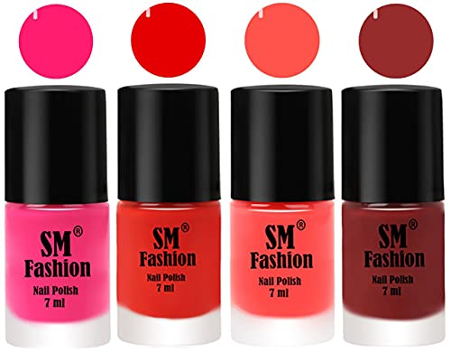 Image of Nail Polish Combo Set (Pack of 4) Quick Dry Gel Finish Nail Paint | Deep Pink,Fire Orange,Baby Pink,Jam | 7 ml Each
