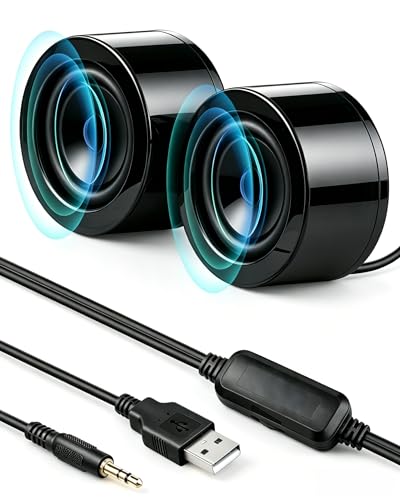GELRHONR Mini haut-parleur d'ordinateur de 3,5 mm, entrée stéréo TRS de 3,5 mm, dos adhésif, alimenté par USB avec contrôle du volume pour ordinateur portable, Raspberry Pi, ordinateur de bureau, PC