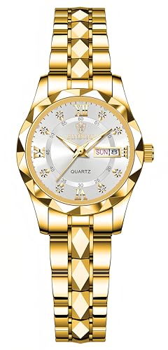 Image of Gosasa Luxury Men's and Women's Business Diamond Stainless Steel Waterproof Roman Numeral Analog Quartz Watch with Day-Date Calendar, Gold and Silver Tone, Gold White, Women