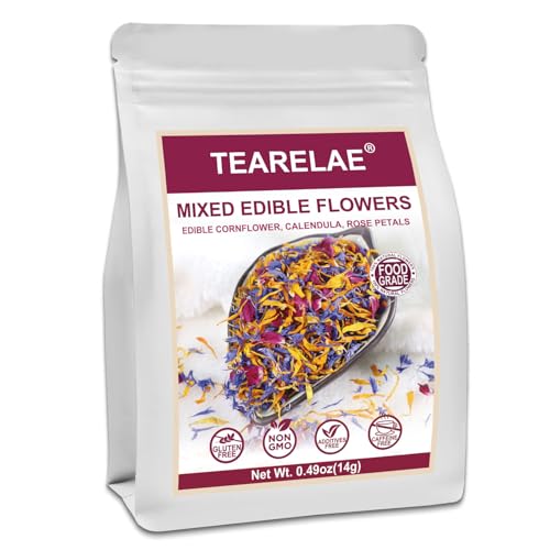 TEARELAE - Mixed Edible Flowers - Premium Rose, Cornflower, and Calendula Petals - Edible Cake Decorations - Pure Natural - Caffeine-Free - for Drink, Tea, Salad and Soap - 0.49oz/14g
