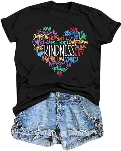 MOUSYA Womens Kindness Graphic T-Shirt: Cute Be Kind Graphic Tees Inspirational Letter Shirt Teacher Casual Tops Black