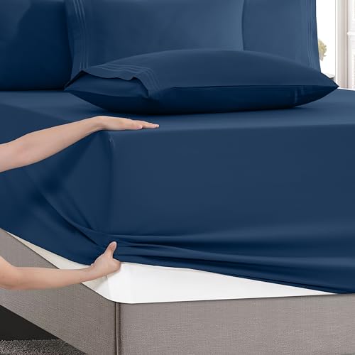 Image of Mocassi Luxury 4-Piece Sheet Set, Ultra Soft 1800 Premium Hotel Quality Microfiber Sheet Set, Fits Mattresses Up to 18 to 24 Inches Extra Deep Pocket - Breathable and Secure Fit, Twin XL, Navy Blue
