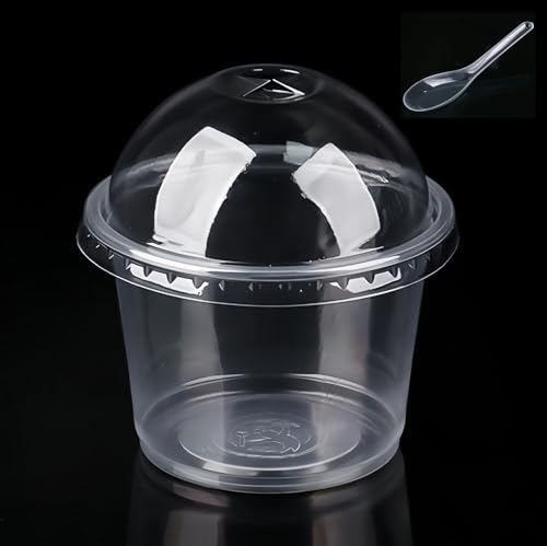 【GreeMaa】100 個セット 使い捨てデザートカップ フタ付き プリンカップ アイスカップ 透明 PP 素材 大容量 プラスチック製 業務用 ゼリー ソース用 (300ml,スプーン付き球蓋)