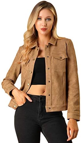 Allegra K Women's Turn-Down Collar Flap Pockets Snap Button Faux Suede Jacket Small Brown