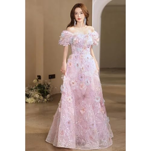 Women Pink Flowers Sequined Off Shoulder Princess Dress Girls Evening Floor Length Luxury Dresses4