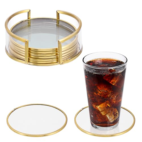 OGANAZI Glass Coaster Set of 8 Drink Coasters Holder, Gold