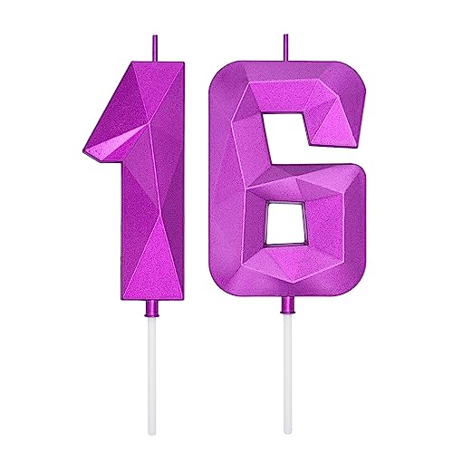 DERVENTA Large Purple 3D Number 16 Birthday Candle 3.7in Cake Topper 1 Piece