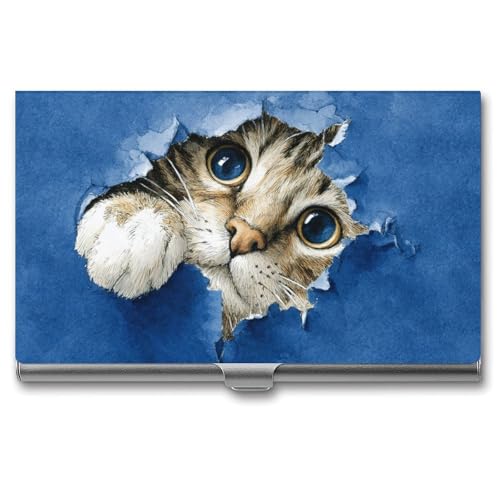 Jubonexis Tarjetero de papel azul con diseño de gato asomando un agujero para tarjetas de visita, bolsillo delgado de metal para mujeres y hombres
