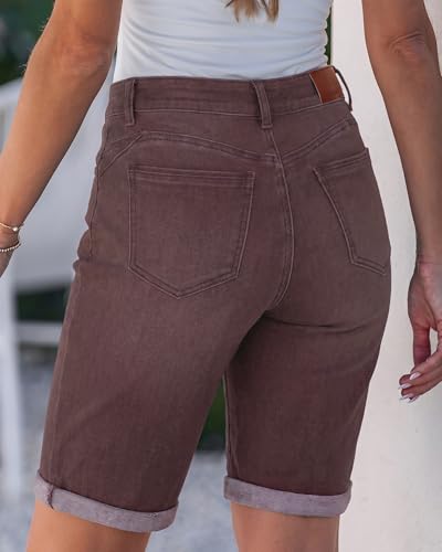 Image of luvamia Bermuda Jean Shorts Women High Rise Stretchy Cuffed Hem Denim Jorts