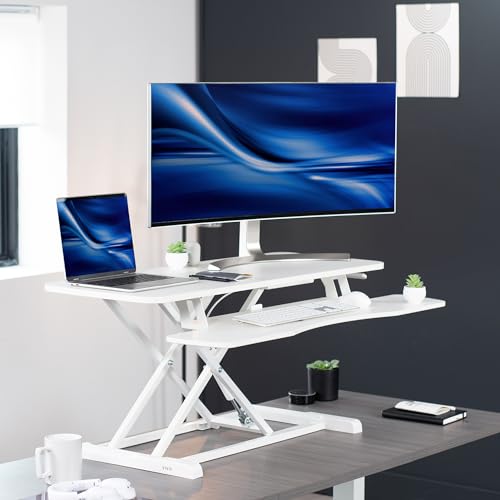 Image of VIVO 42 inch Desk Converter, K Series, Height Adjustable Sit to Stand Riser, Dual Monitor and Laptop Workstation with Wide Keyboard Tray, White, DESK-V042KW