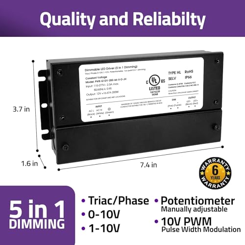 Image of HitLights 200W Dimmable LED Driver, Electronic Transformer, 120V AC to 12V DC Power Supply for LED Strip Light, IP66 Rated, Dimming with TRIAC, 0-10V, 1-10V, Potentiometer, 10V PWM, UL Listed, Class 2