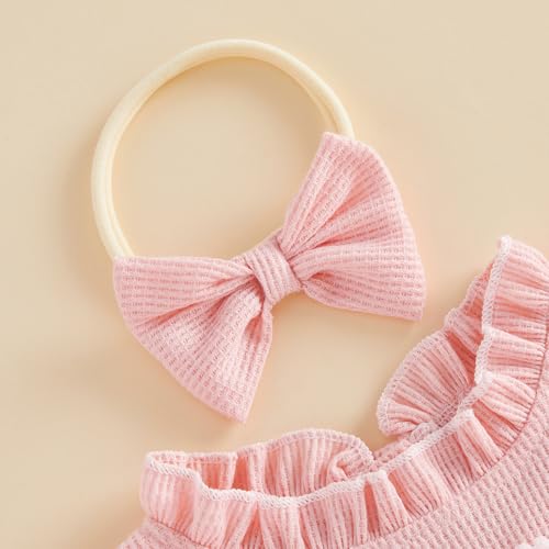 Caziffer 2Pcs Ensemble Bébé Fille, Robe Barboteuse Brodée à Manches Bouffantes, Patchwork en Tulle, avec Bandeau, Tenue pour Bébé Fille Été, 0-18 Mois (Rose, 9-12 Months) – vue 4