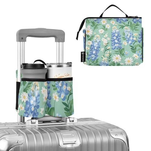 Image of Luggage Cup Holder for Suitcases Free Hands Suitcase Cup Holder Travel Luggage Drink Holder Portable Luggage Cup Caddy Bag Carrier with Handle Mint Green Bluebonnet and Daisies
