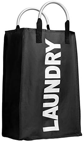 IHOMAGIC Single Polyester Portable Laundry Bag, Collapsible Laundry Hamper with Aluminum Handles, Foldable Clothes Bag, Large Washing Storage Bag Bin. L33*H53*W23cm (Black)